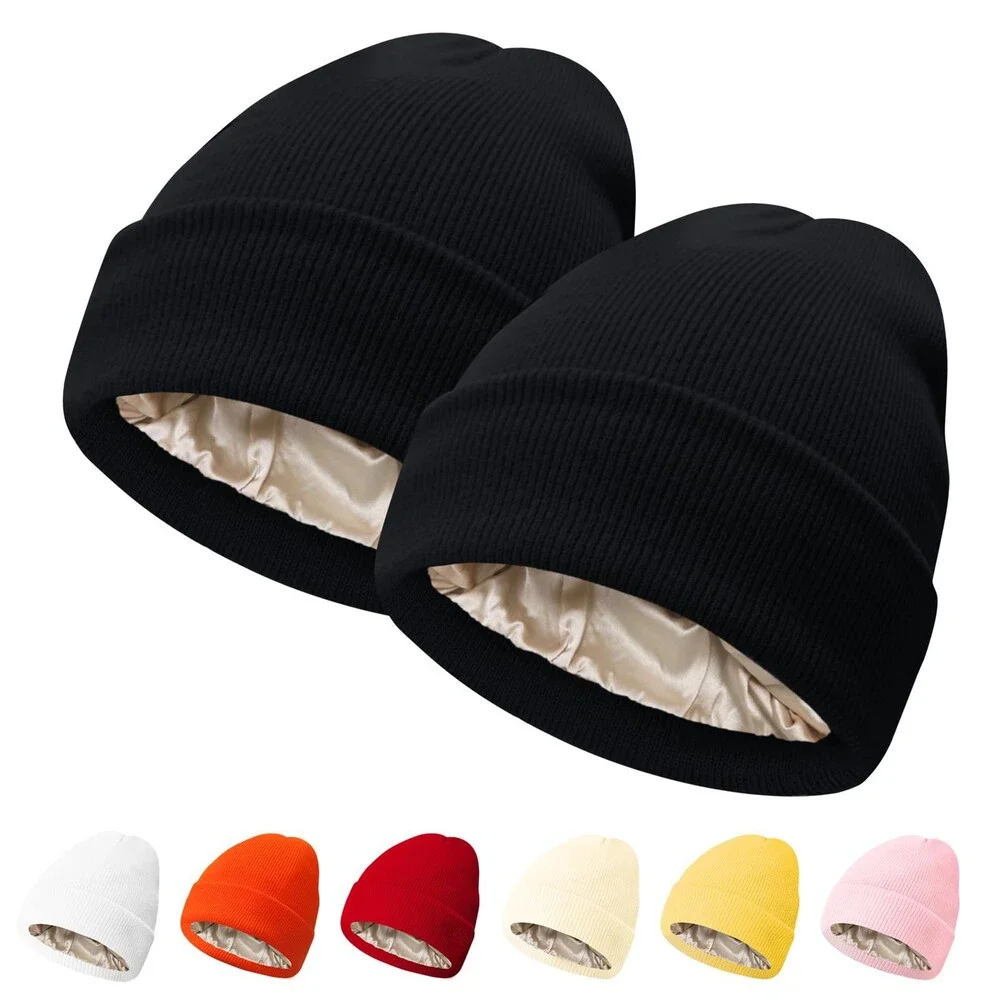 PFFY Women's 2 Packs Satin Lined Beanie Hat Silk Lining Winter Hats Beanies OS
